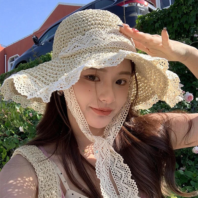 selling hollow straw hat for summer tourism summer sun protection beach sun protection hat spring and autumn lace edge outdoor sun protection hat 2504
