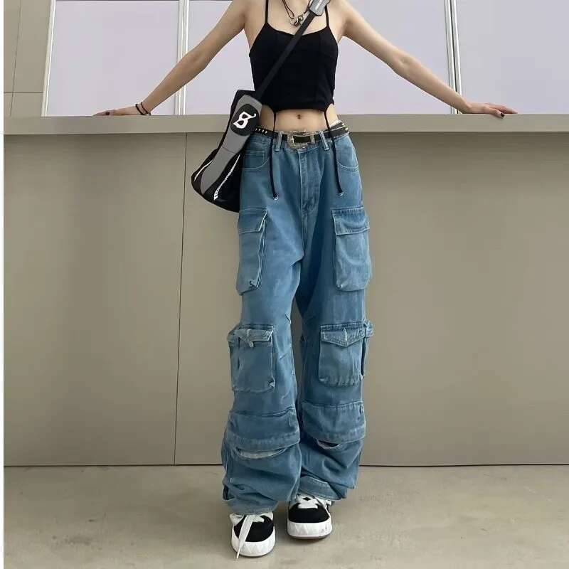 Trendy Women's Denim Workwear Street Style Black & Grey Multi-Pocket Jeans | American Casual High-Waist Functional Design