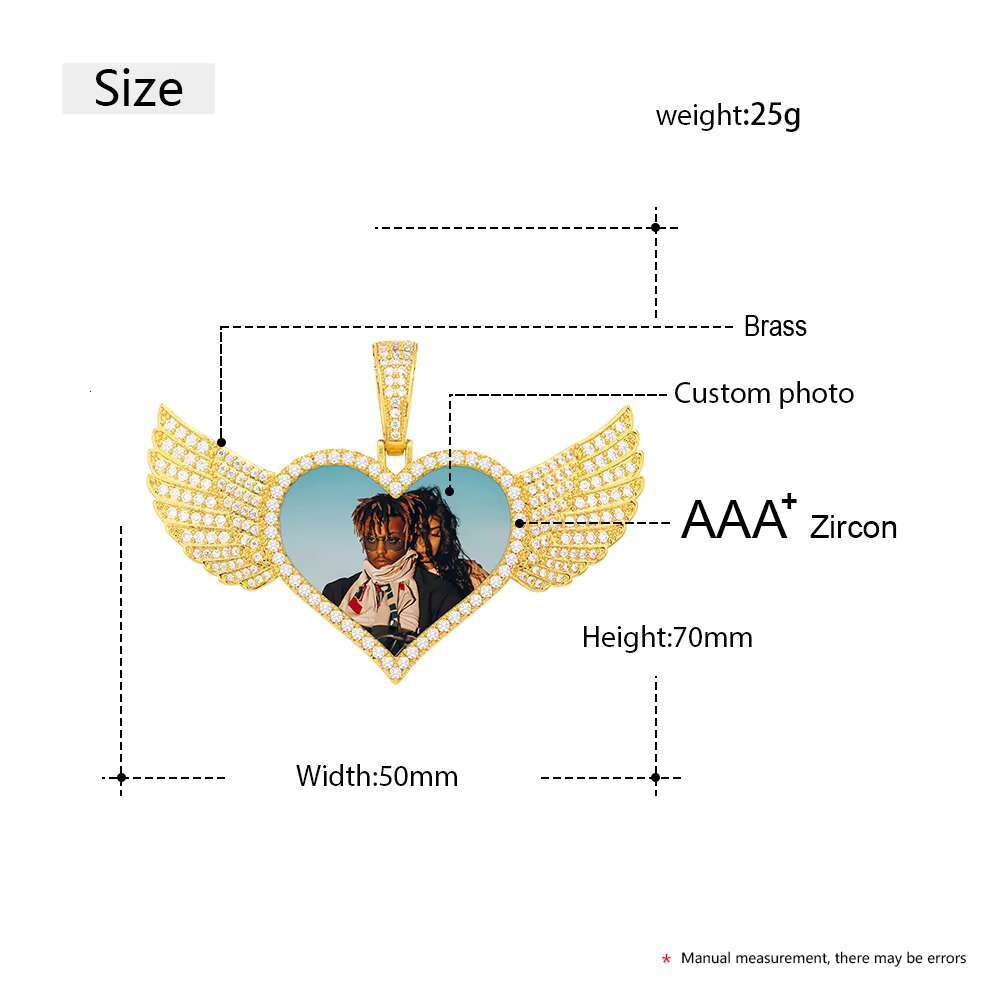 Sublimation Jewelry Bling 50mm Gold Plated Brass AAAAA CZ Diamond Iced Out Heart Wing Custom Photo Pendant Picture Necklace
