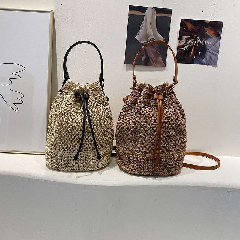 designer bag Sumple Straw Bucket For Women Woven Handmade Shoulder Drawstring Crossbody Rattan Beach Bag for Gilrs Travel Purse
