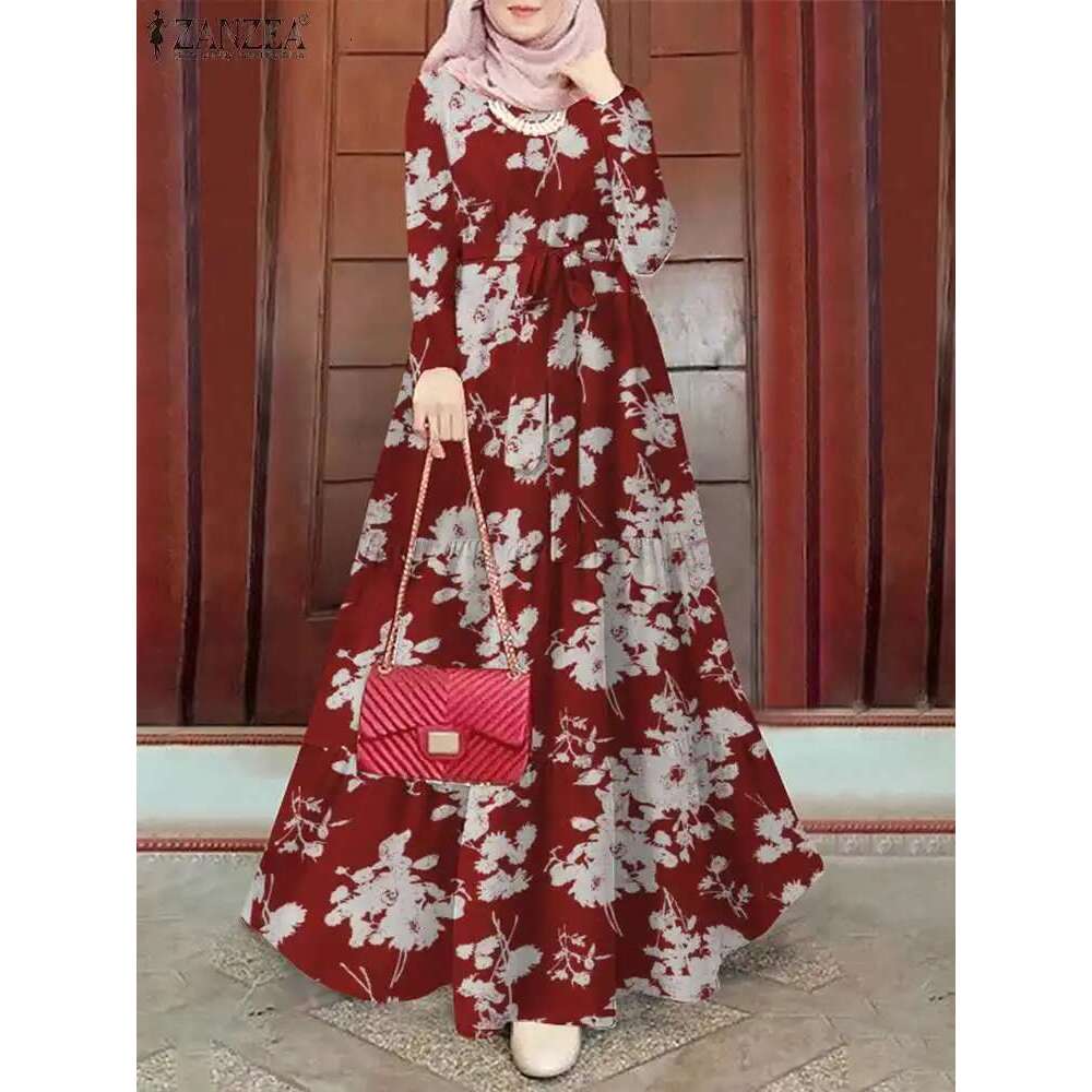 ZANZEA Spring Floral Printed Muslim Dress Long Sleeve Ramadan Turkey Vestidos Vintage Holiday Maxi Robe Kaftan Islamic Abaya
