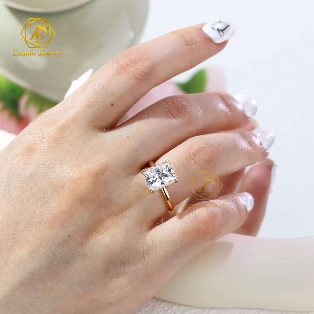Fine Jewelry Radiant Cut Moissanite Wedding Ring with Hidden Halo Au750 18K Yellow Gold Womens Ring