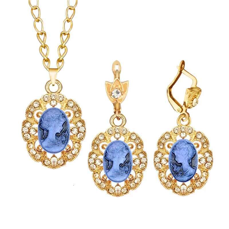 6 Colors Lady Queen Cameo Sets For Women Gold Color Flower Pendant Crystal Fashion Necklace Earring Jewelry
