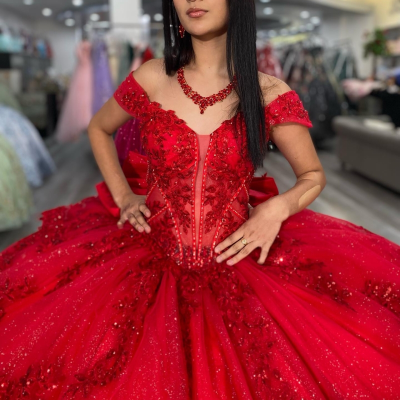 Red Quinceanera Dresses Off Shoulder Ball Gown Sweet 16 Dress Applique Lace Beading Tull Birthday Party Vestidos 15 De Anos