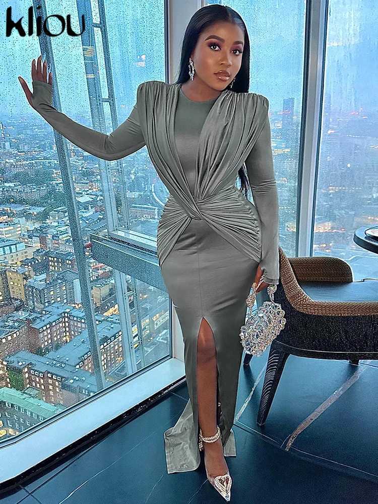 Elegant solid long skirt womens classic cross pleated long sleeved split style dress womens street party vest W250430