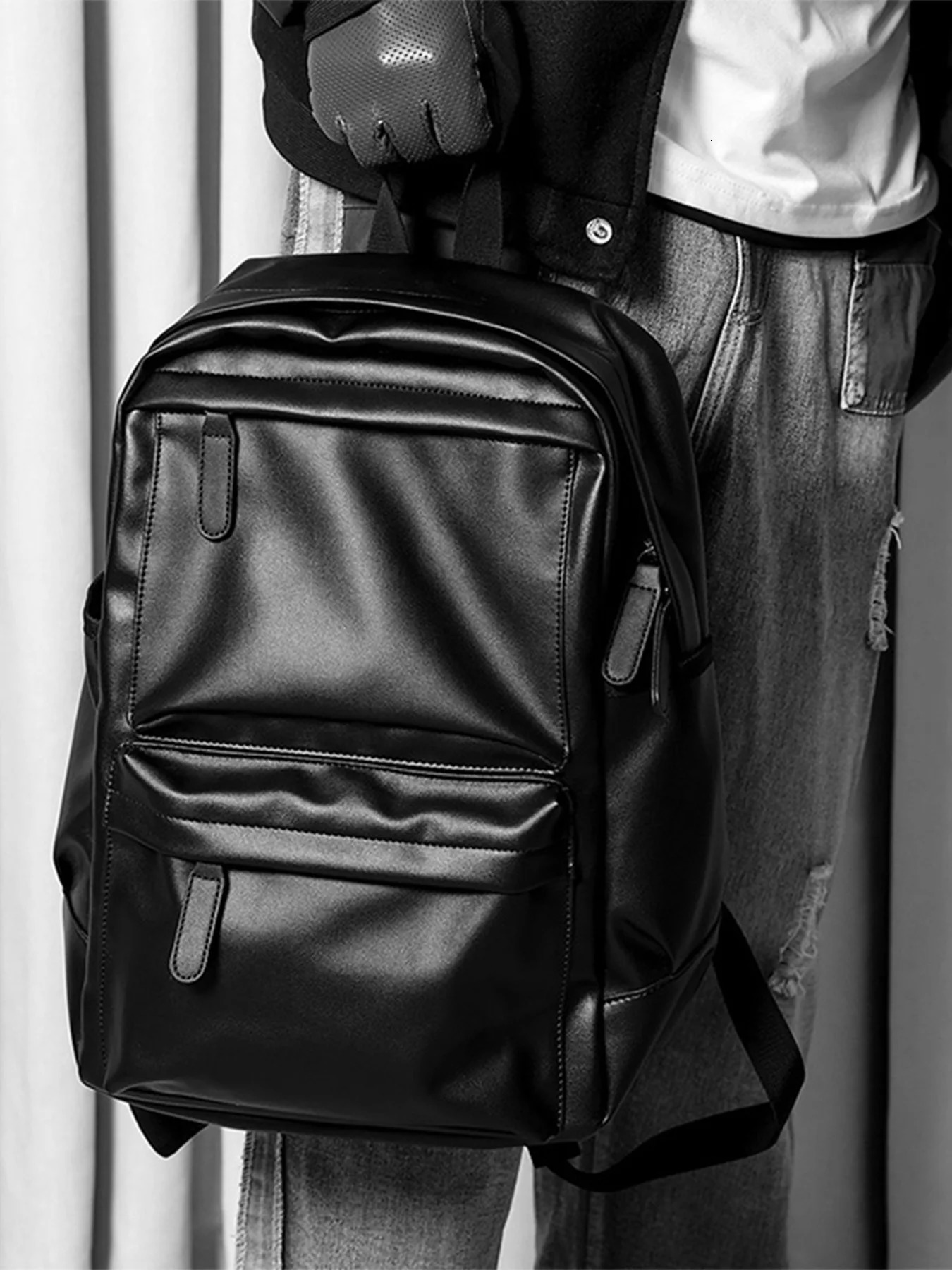 Mens Fashion Backpack PU Leather Waterproof Leisure Travel Bag 14 inch Laptop 250427