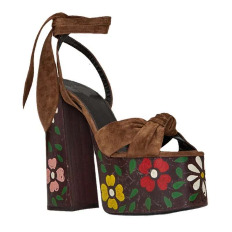Vintage Leopard Print Platform Sexy Round Open Toe Square Heel Women's Shoes Spring Summer Lace-up Suede Modern Sandals