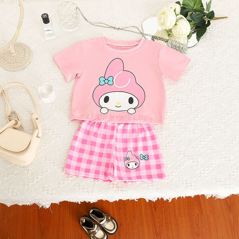 Summer Outfit New 2025 Girls' Casual Cartoon Baby Cute Loose Shirt Plaid Shorts Set