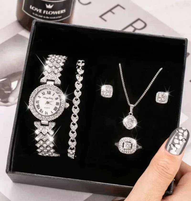Fashion Full Crystal 5 Pcs Watch Necklace Earrings Ring For Women Rhinestone Wristwatch Female Bracelet Set Gift