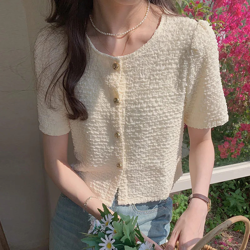 Summer Short sleeved Oneck Womens Shirt Sweet White Top 2025 Blusas Para Mujer Blusa XL183 250422