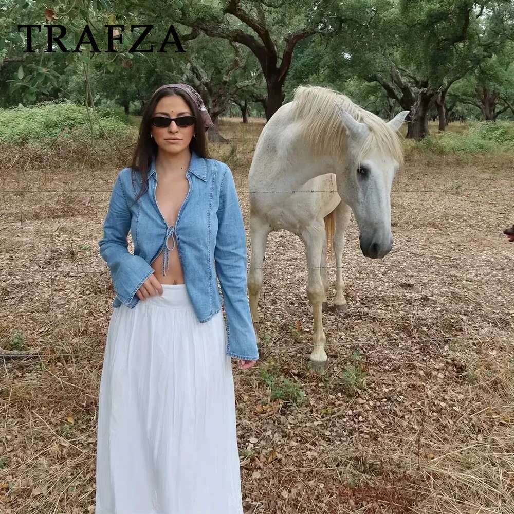 TRAFZA 2025 Spring Summer Casual Women Denim Fashion Streetwear BOWtie Solid Turn-down Collar Chic Open Shirts