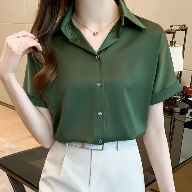 2025 Summer Fashion Collar White Womens Short sleeved Chiffon Shirt Top Blusas Camisas De Mujer E704 250422