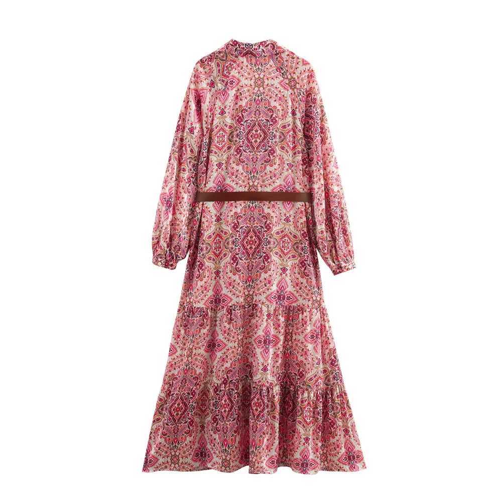 BM MD ZA Womens Long Sleeve Skirt with Classic Collar Full Pink Paisley Print and Fashionable Brown Belt W250430