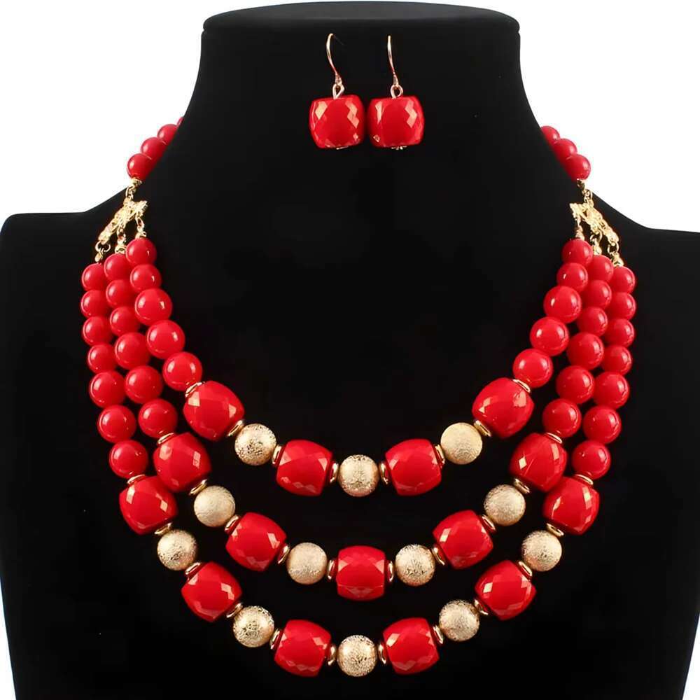 Trendy Fashion Colored Acrylic Big Beads Handmade Beaded Statement Necklace Earrings Jewelry Set Women's Party Accessories