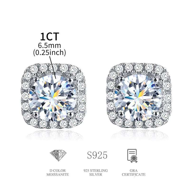 New Luxury 925 Sterling Silver Full Drill Square Stud Earrings 0.5/1ct Moissanite Fine Jewelry Weddings Bridal Earrings