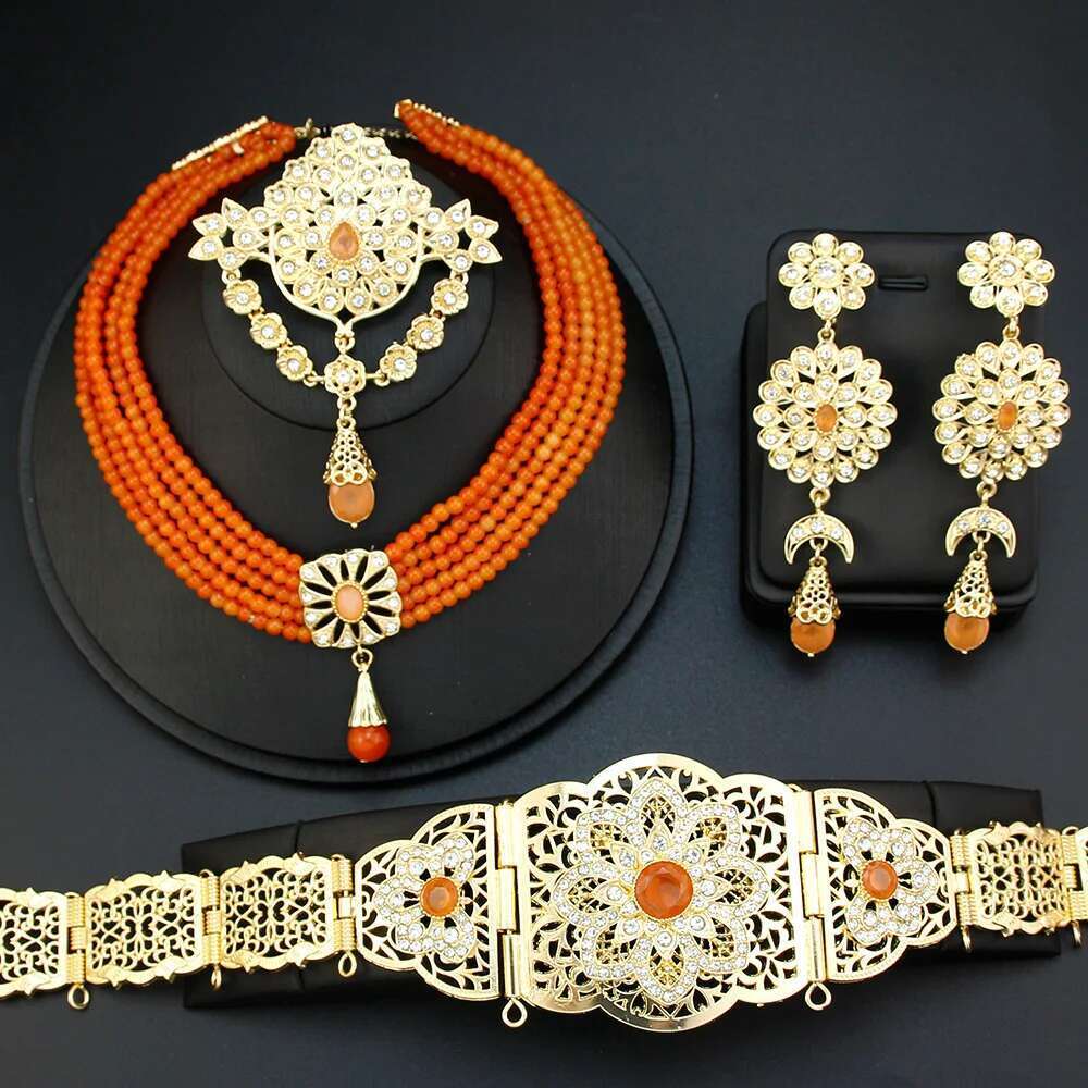 Neovisson Elegent Morocco Jewelry Sets Gold Color Waist Chain Belt Orange Crystal Choker Necklace Drop Earring Brooch Gift
