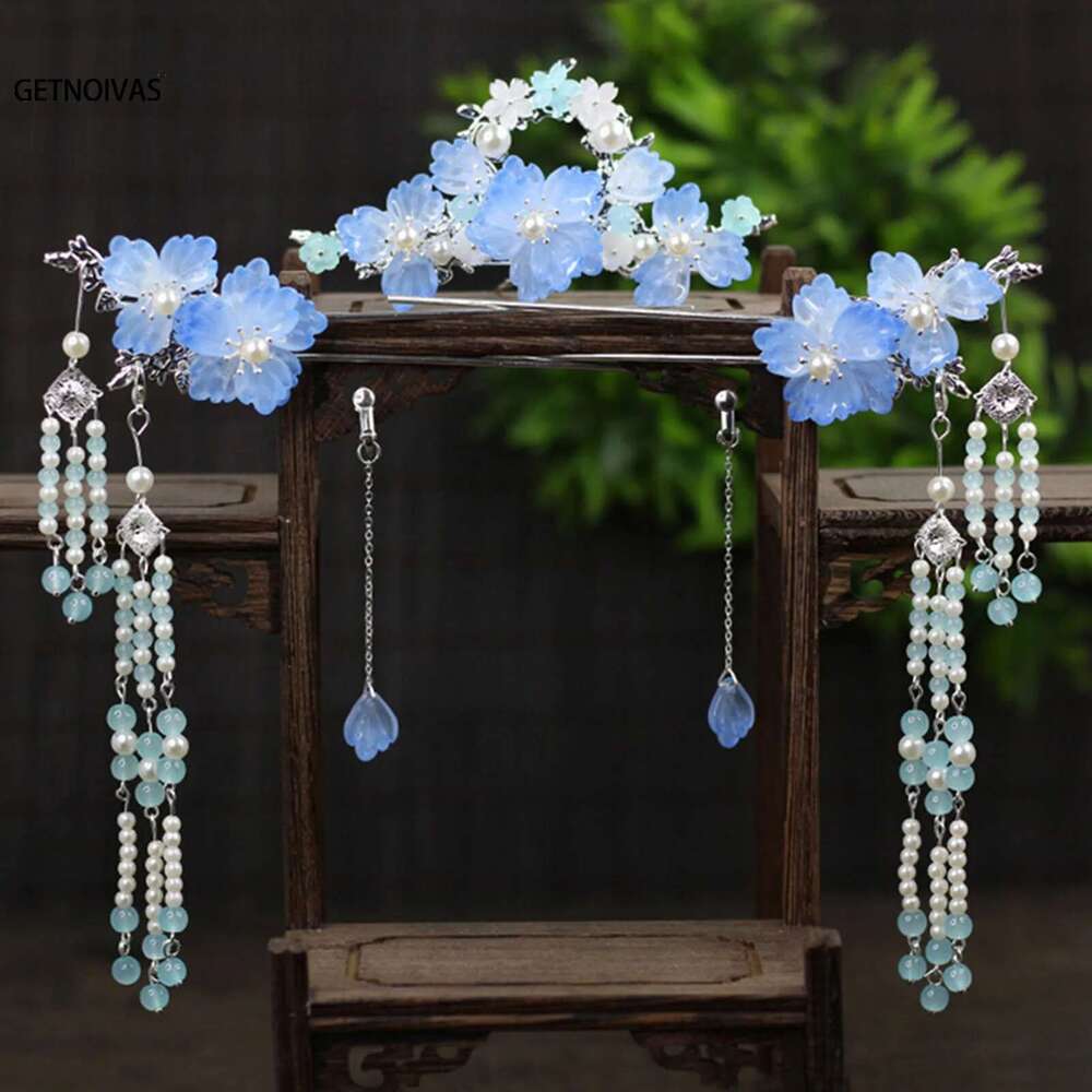 Ancient Hanfu Sticks Tassel Flower Earring Hairpin Set Girl Gift Bridal Headdress Retro Wedding Hair Accessories Headwear