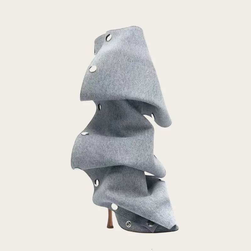 New Designer Knee Fashionable Pointed Toe Thin High Heels Wide leg Pleated Snap on Shoes Lazy Mid Calf Boots