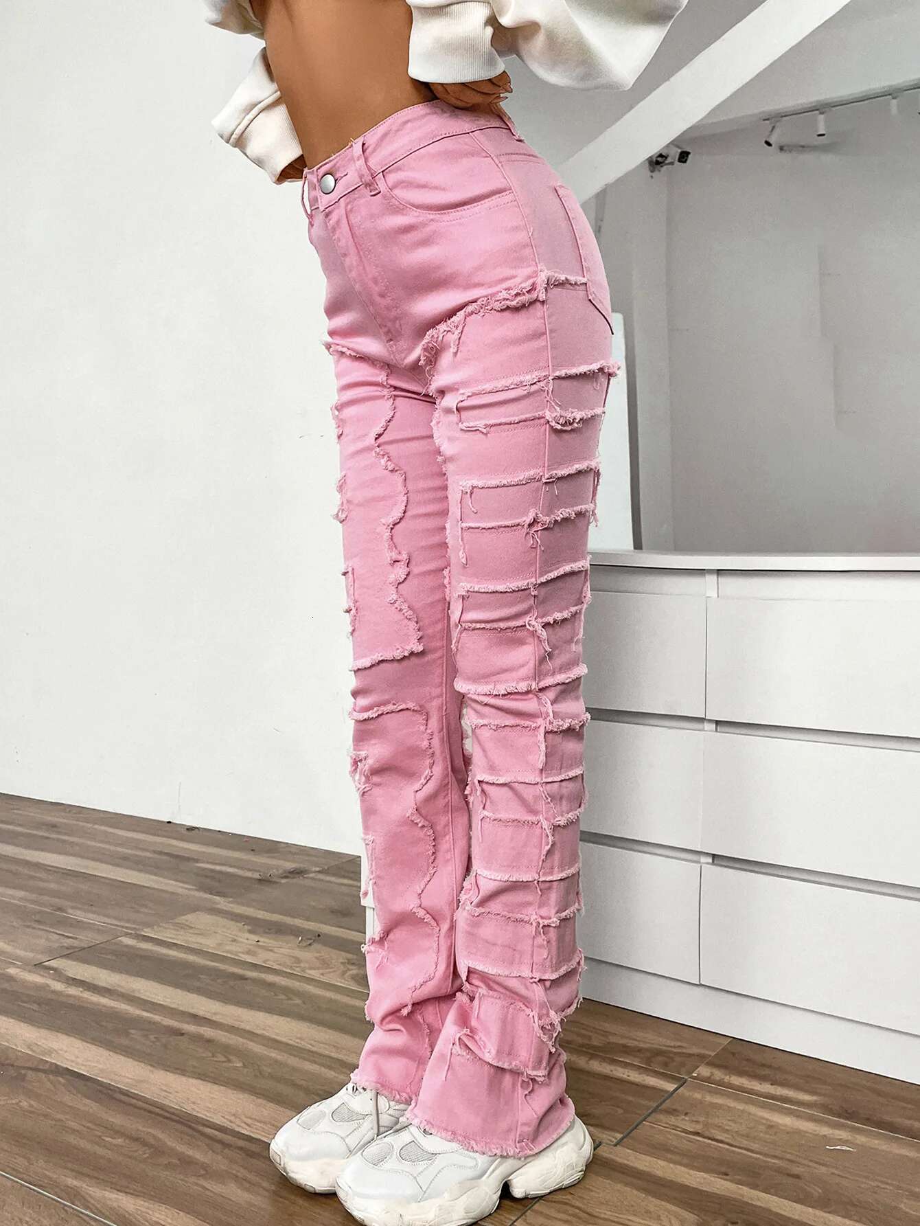 Women Jeans Denim Straight Pants Spliced Patchwork High Street Slim Fit Pockets Mid Waist Washing Zipper Slight Srech fashion