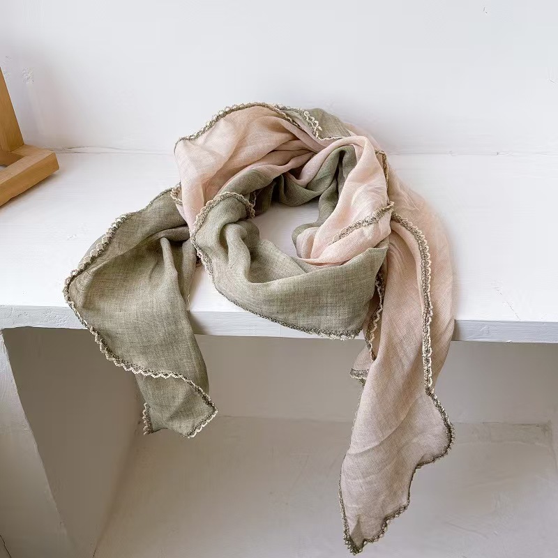 T604 double solid color stitching cotton and linen diamond scarf spring and autumn literary retro neck warm scarf versatile decorative small scarf
