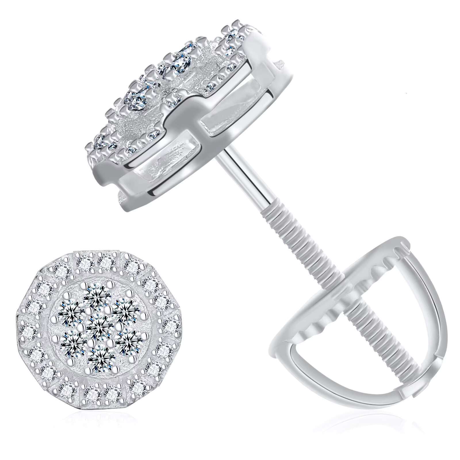 Fashion Female Design Jewelry White Gold 925 Sterling Silver Moissanite Diamond Fine Round Geometric Stud Earrings
