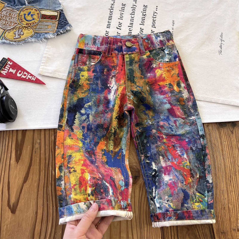 middle Aged and Niche Childrens Graffiti Ink Straight Leg Pants Trendy Jeans Y250430TOJY