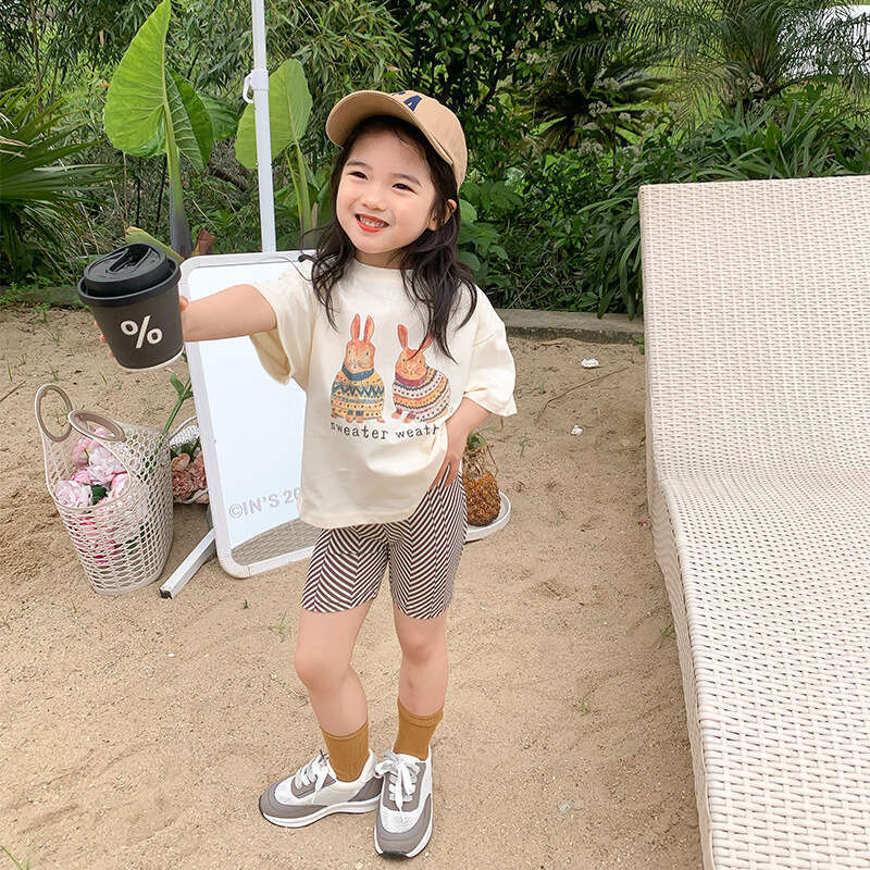 2025 Summer New Girl's Little Rabbit Cartoon Printed Short T-Shirt, Children's Baby Fashionable Half Sleeve Top Trend
