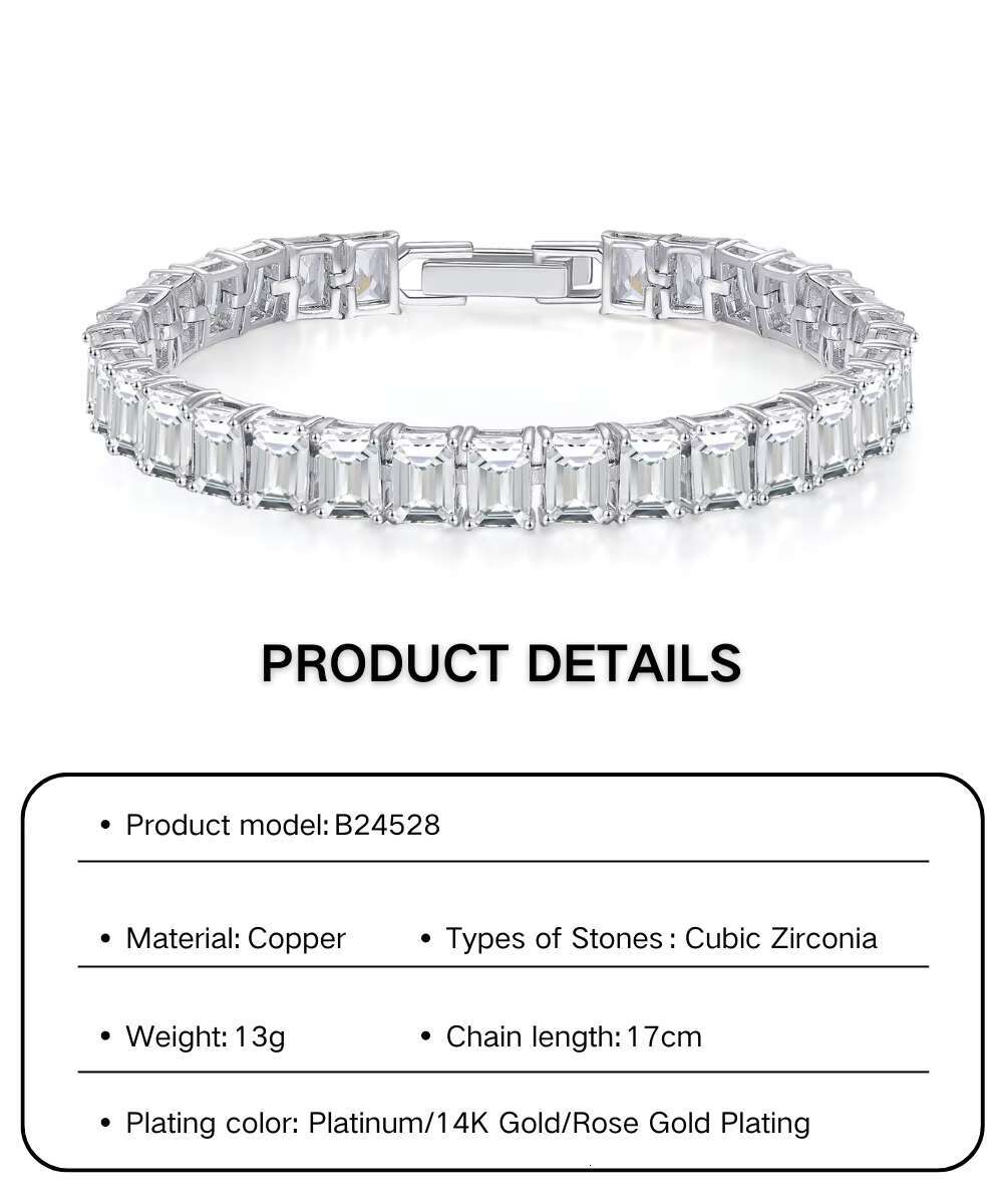 Classic Square Tennis Chain Bracelet Women Trendy Rhodium Plated CZ Zircon Diamond Hand Link Ladies Bracelet