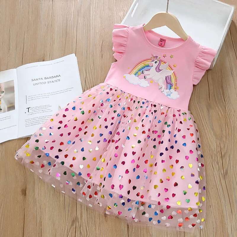 Summer New Girls' Flying Sleeve Rainbow Unicorn Princess Skirt Super Fairy Love Mesh Splicing Dress