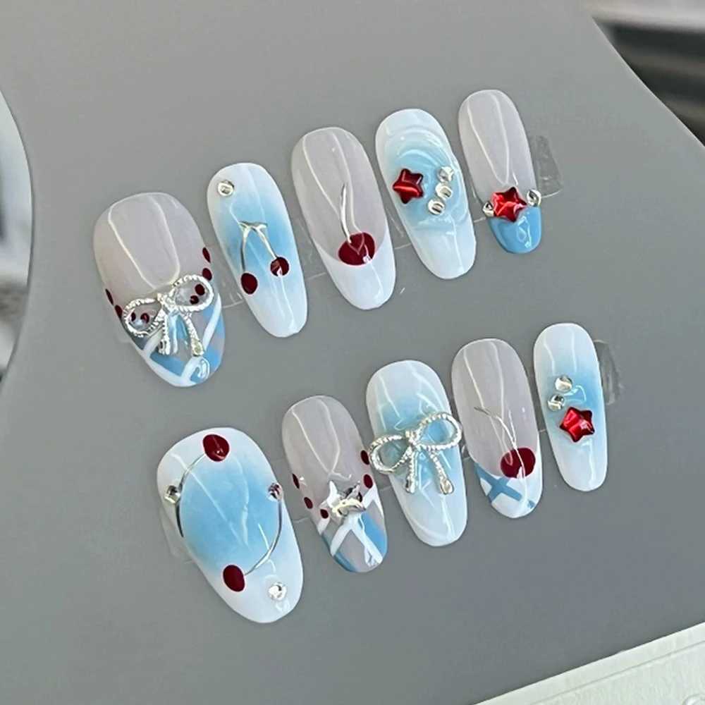 10 Swt Cool Long Coffin Almond Handheld Wearable Nails 3D Flower Snake Silver Mirror Powder Bow Party Nail Stickers H25429