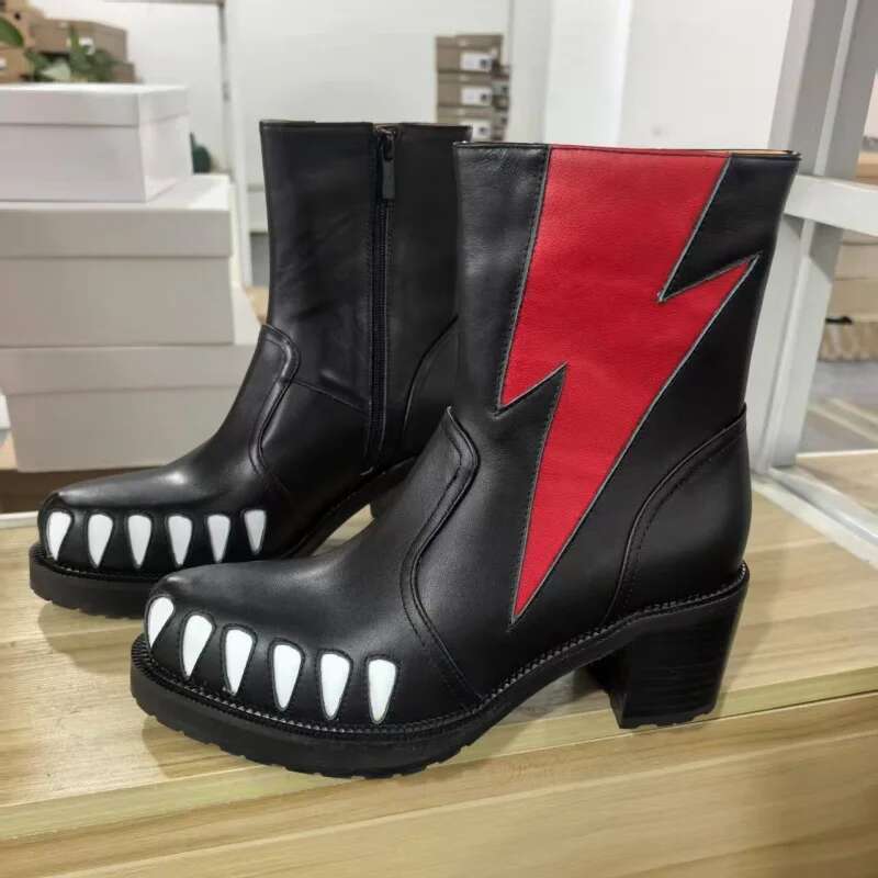 Street Style Printed Teeth Chunky Heel Men Round Ankle Boots Comfortable Casual Fashion Thick Soled Shoes