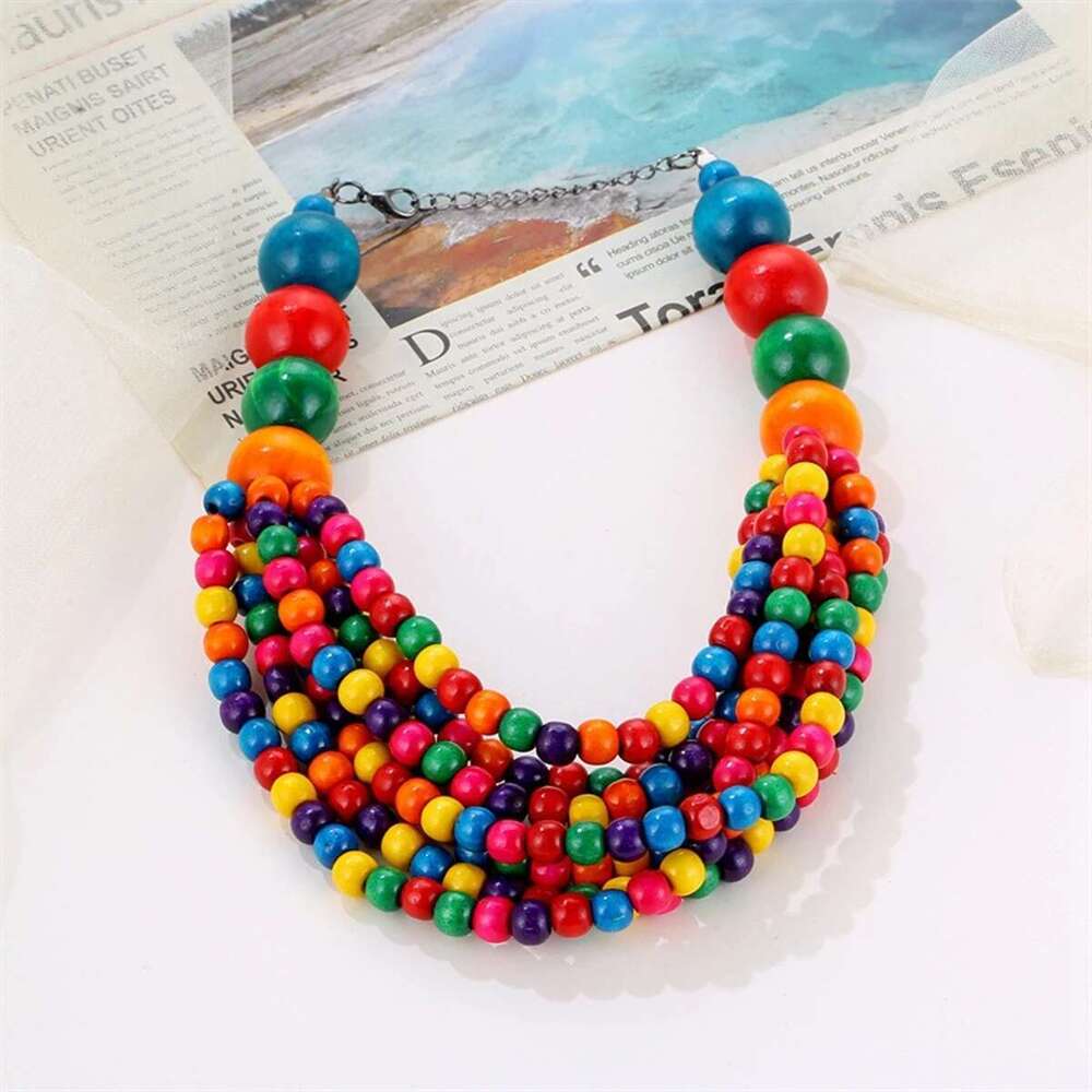 African Style Bohemian Multi-Layer Wooden Bead Handmade Beaded Bib For Women Summer Jewelry Accessories Choker Necklace
