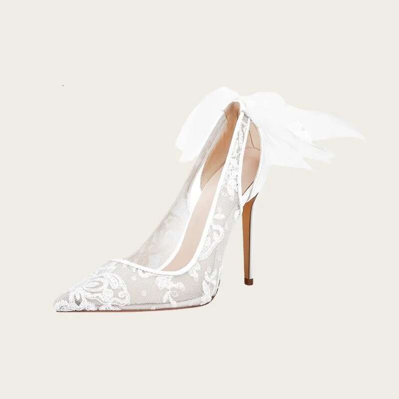 New Fashion White Lace High Pointed Bow Sexy Hollow Heels For Ladies Wedding Party Women Shoes