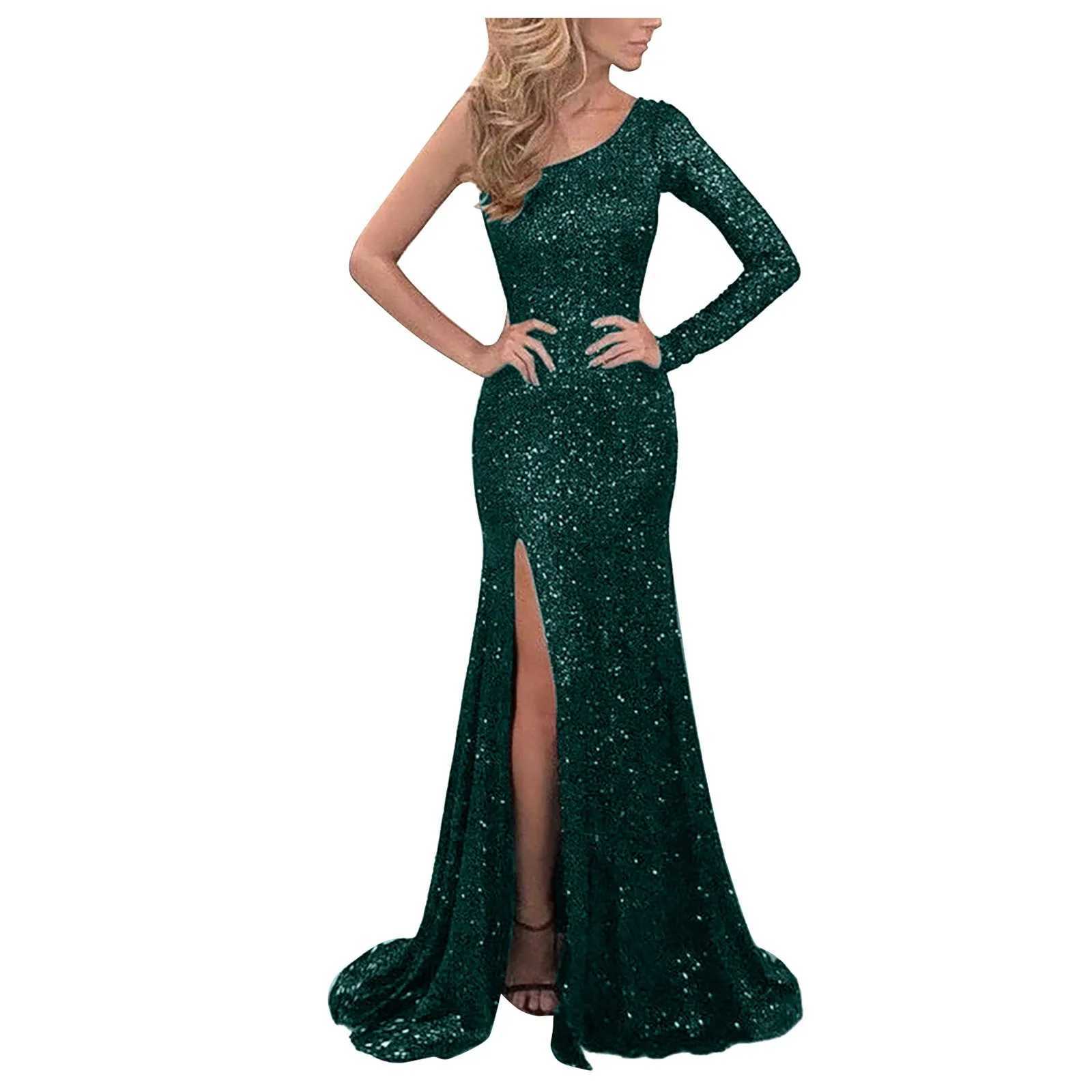 Elegant womens sexy solid color long sleeved single shoulder sequin ultra-thin wedding evening dance slotted long dress vest W250430
