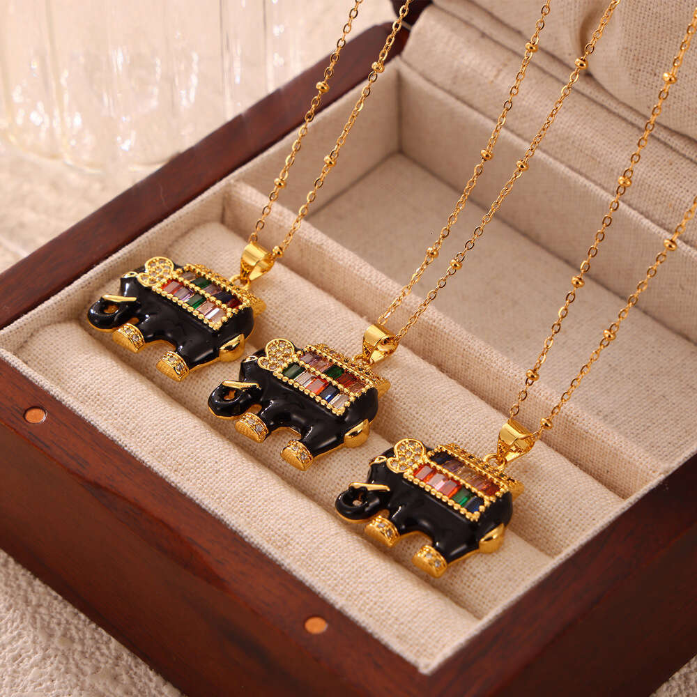 Ins Style Personalized Bead Chain Jewelry With Drip Oil Inlaid Dia Elephant Design, Copper Material Pendant, Titanium Steel Necklace