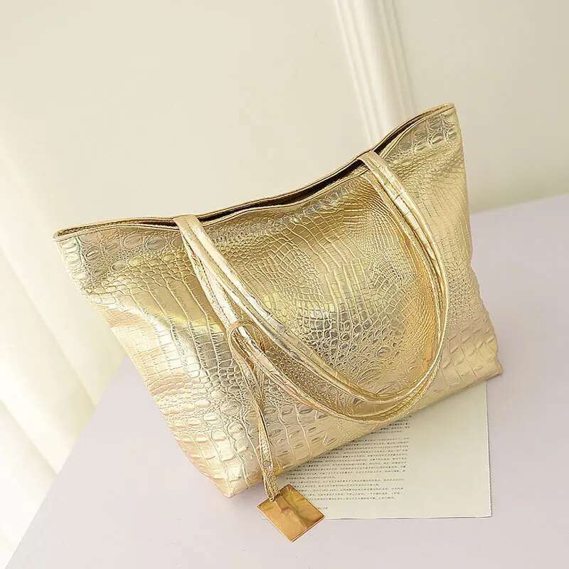 Brand Fashion Casual Women Shoulder Sier Gold Black Crocodile Handbag PU Leather Female Big Tote Bag Ladies Hand Bags Sac Bag