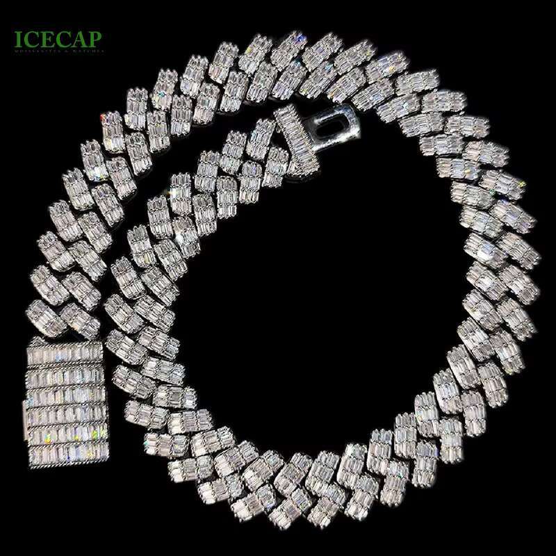 Hip Hop Jewelry VVS Moissanite 2 Rows baguette Cut Diamond Cuban Link Chain 925 Silver Men Cuban Necklace