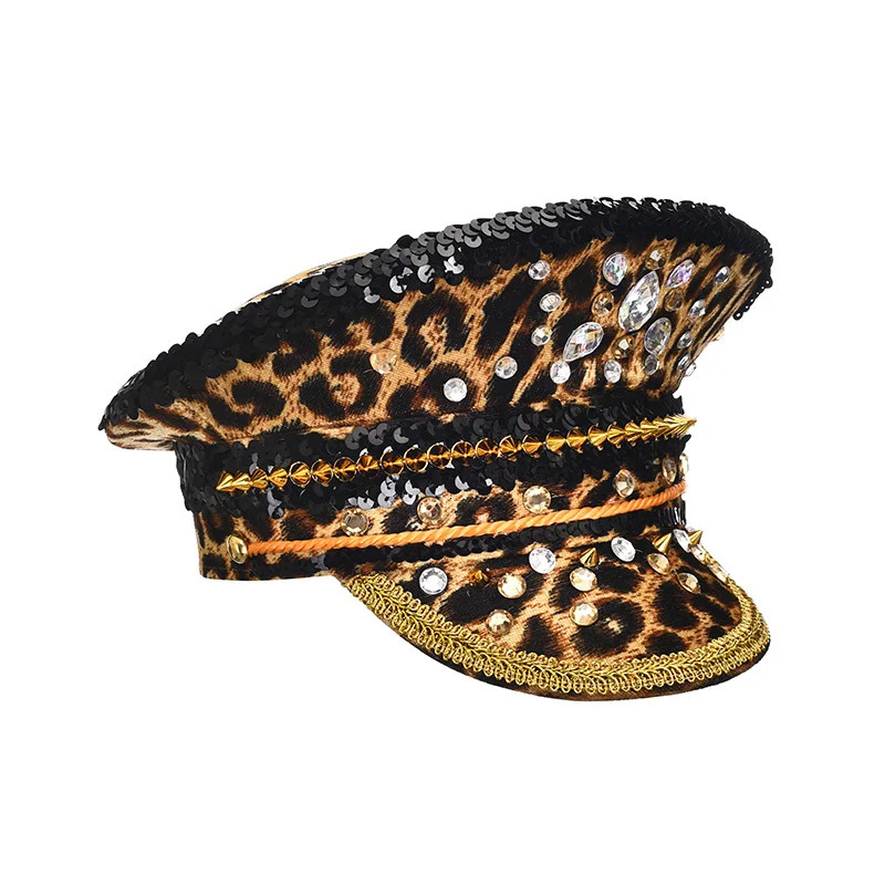 Womens Burning Man/Women Sequin Hats Cosplay Costume Retro Leopard with Glasses Fashion Men Women Handmade Steampunk Top Caps 250430