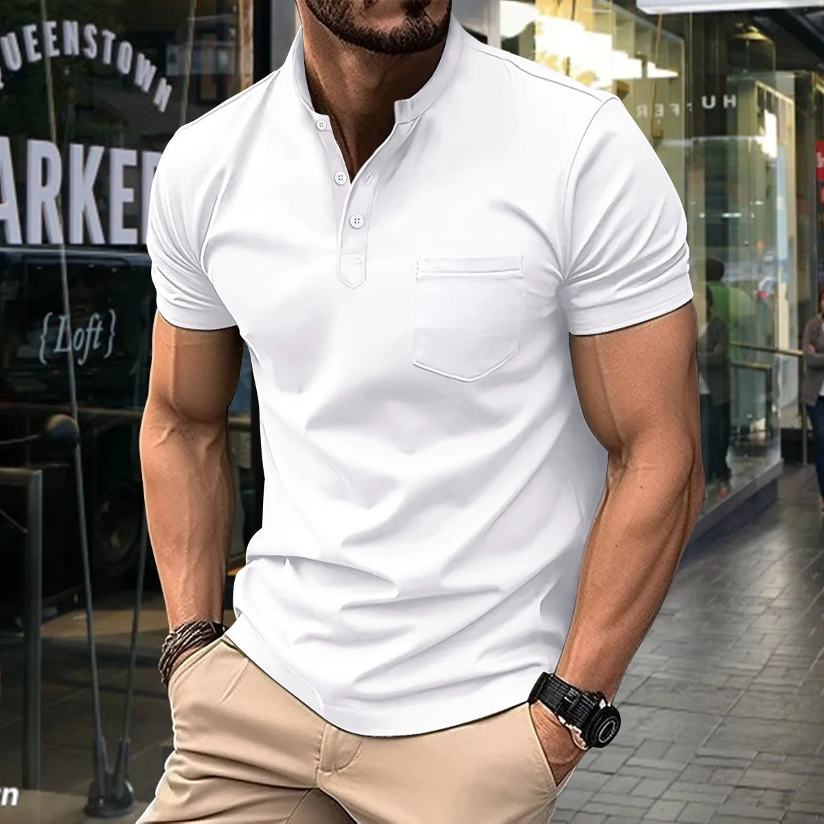 Mens casual polo shirt V-neck button up business solid color casual sports short sleeved polo shirt 250428