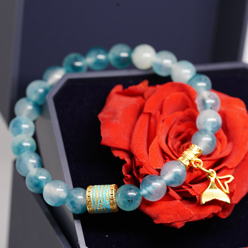Five Line Mantra Energy Bracelet with Mermaid Pendant | Enamel-Coated Copper & Aqua Chalcedony Stone | Spiritual Jewelry for Courage & Beauty