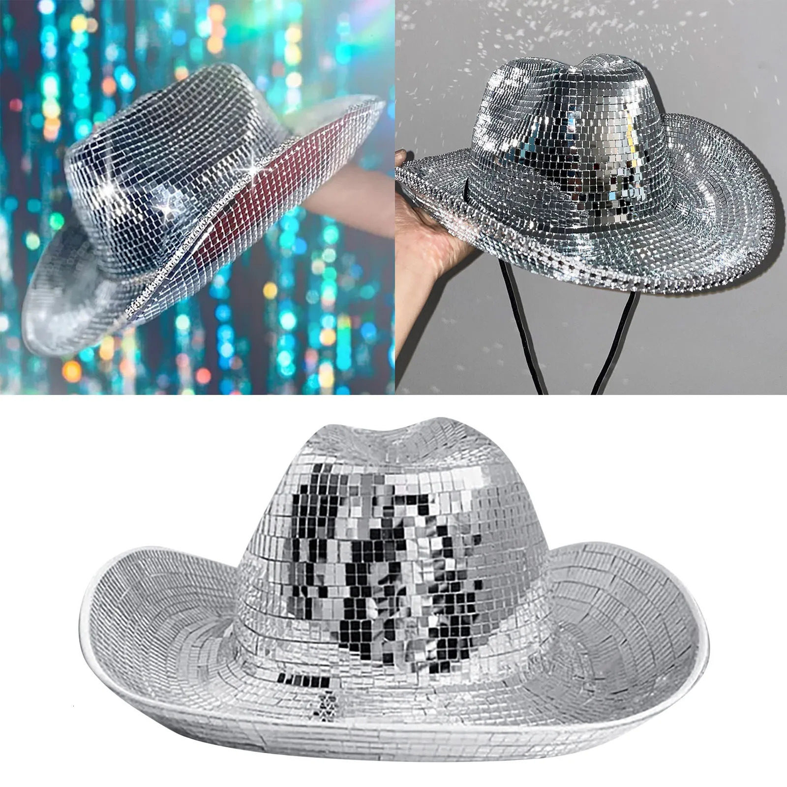Retro Ball Cowboy Hat For Women Glitter Mirror Glass Disco Ball Hat Classic Ball Disco Wide Brim Hat For Cowboy Cowgirl 250430