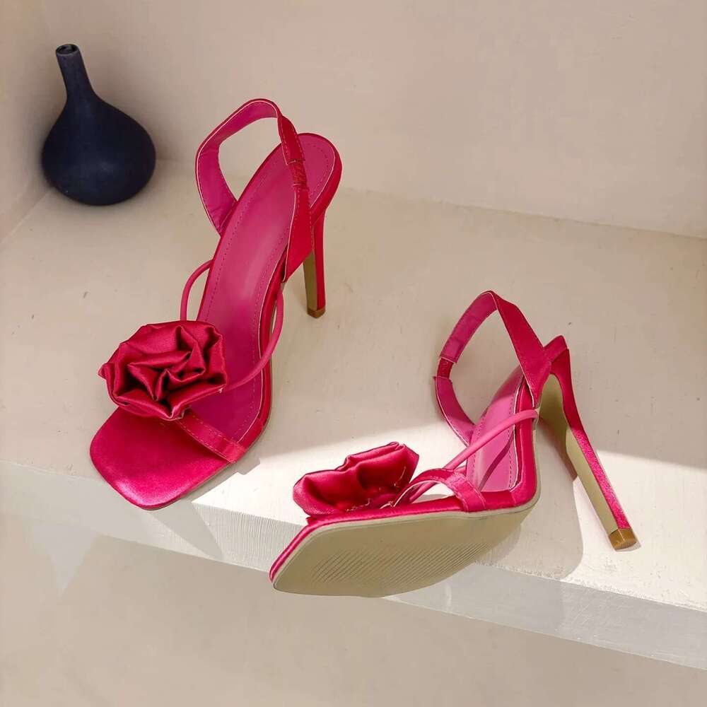 Quality Brands Sandals Fashion Open High Heel Flowers Decorate Single Square Toe Thin Strap Women's Shoes