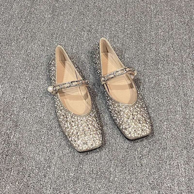 New Brand Women Rhinestone Flats Pearl Loafers Sparkling Sequined Shoes Strapless Buckle Sandals Casual Shoe