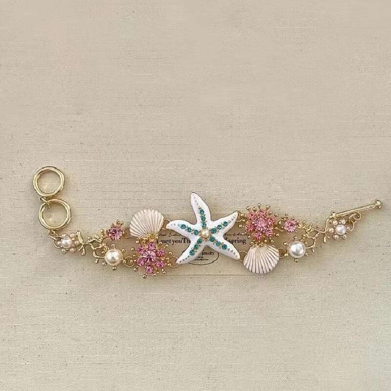 Bohemia Multi-Color Starfish Shell Shining Rhinestones Pendant Necklace Bracelets Set Beach Jewelry
