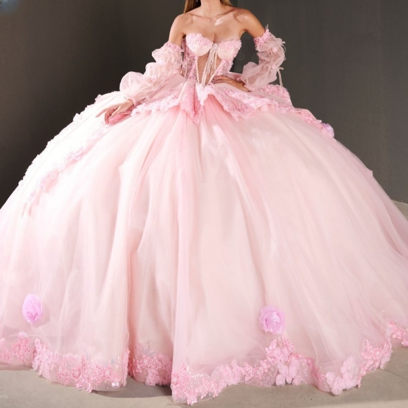 Pink Quinceanera Dresses Off Shoulder Ball Gown Sweet 16 Dress Applique Flower Beads Tull Birthday Party Vestidos 15 Anos