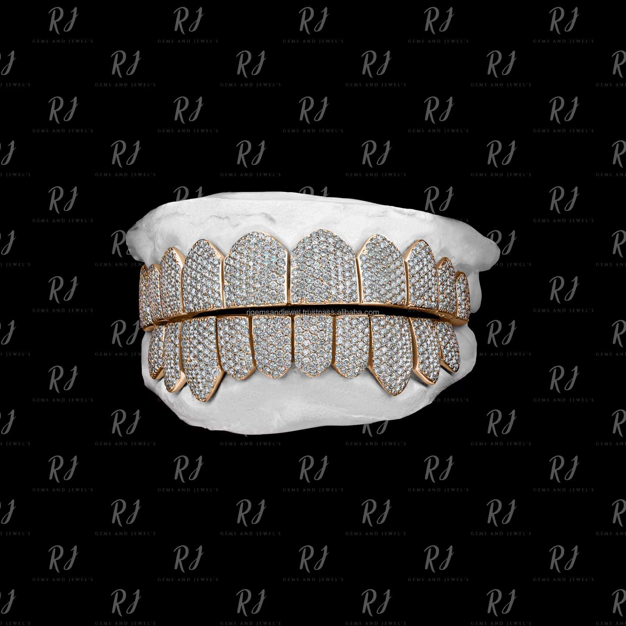 Iced Out Moissanite Diamond Grillz Studded Honeycomb Grillz Top Bottom Grillz in White Yellow Rose Gold