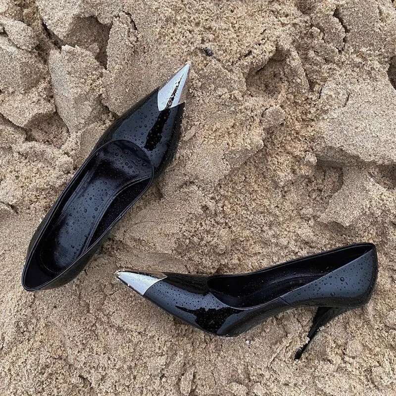 Quality Brand Women High Fashionable Ladies Elegant Shoes Pointed Metal Stiletto Heels Dinner Party Shoe