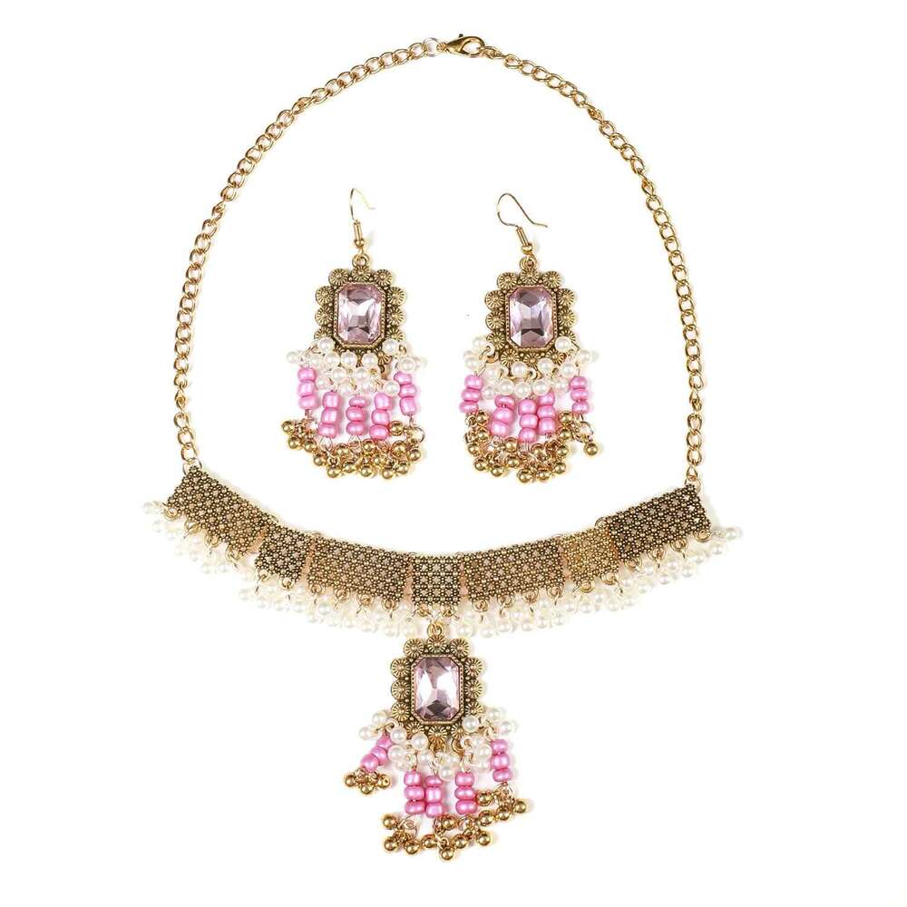 Bohemia Ethnic Pendant Necklace Earrings Set For Women Indian Bollywood Golden Square Zircon Beaded Tassel Jewelry Sets