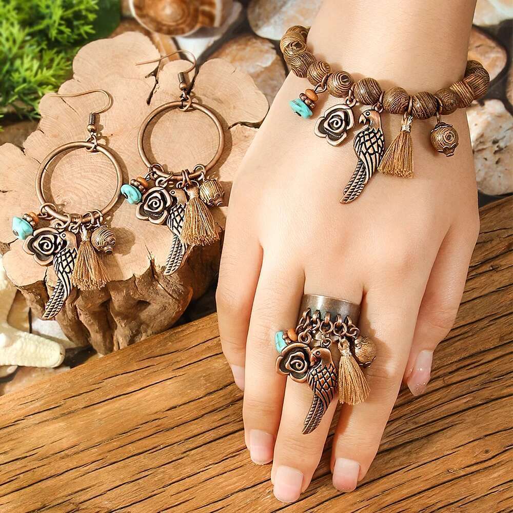 4Pcs Boho Retro Jewelry Set Coffee Brown Alloy Dangle Earrings Wooden Bracelet Open Ring Adjustable Party Decors Daily Wear