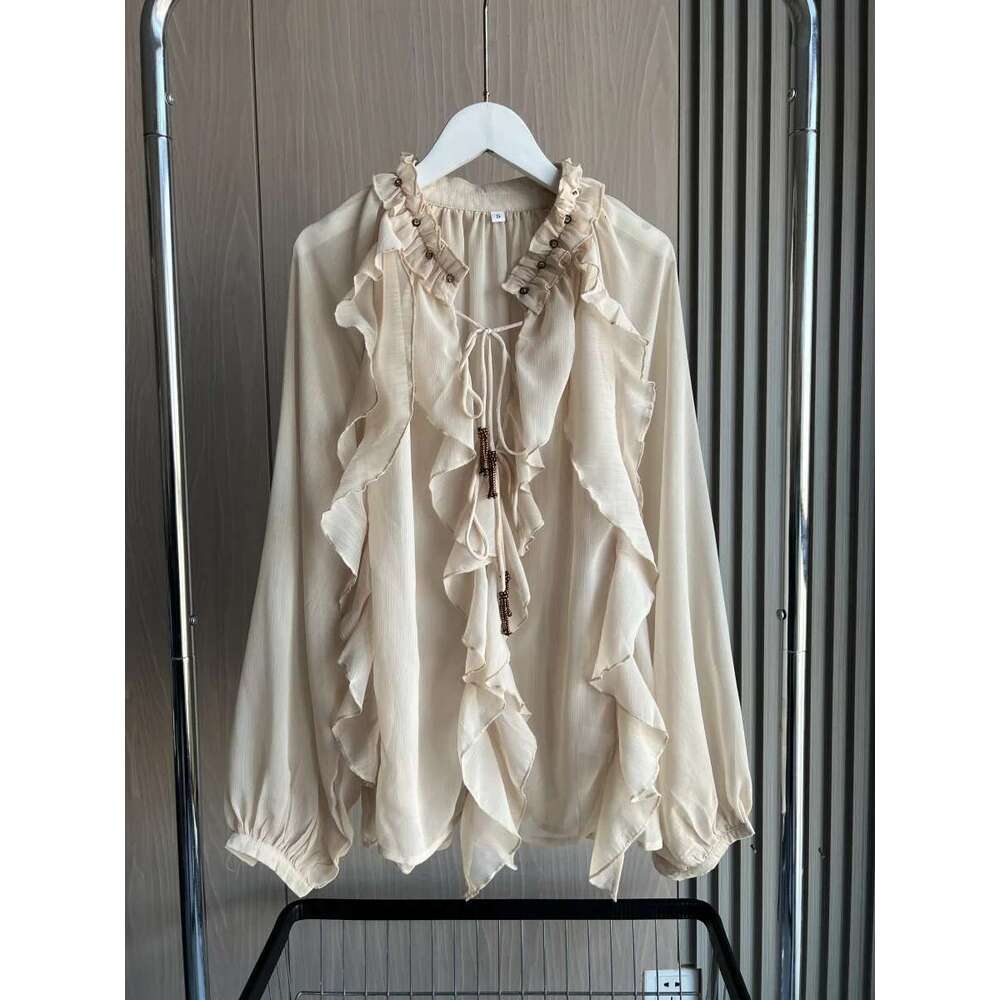 ETJ Spring 2025 New traf Women's Fashion Translucent fabric beaded rivets decorated V-neck lace ruffled romantic shirt